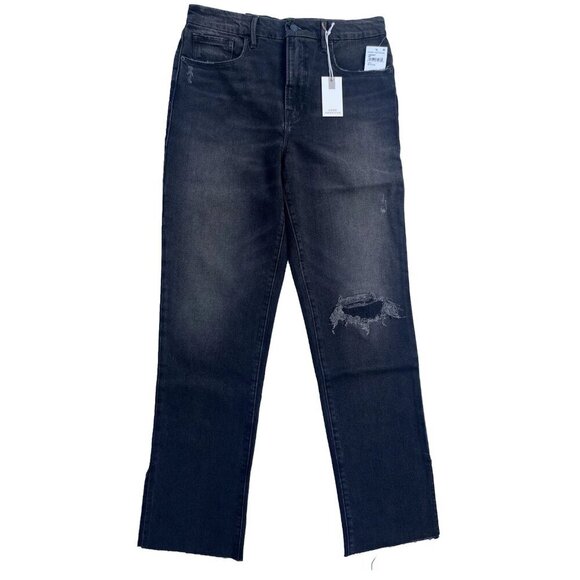 Good American Good Boy Straight Leg Jeans Black Distressed Knee Size 2 - Picture 9 of 16